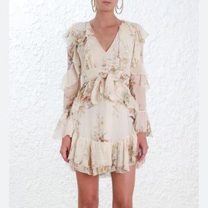 RARE Zimmermann Silk Chiffon Swallow Print Ruffled Mini Dress